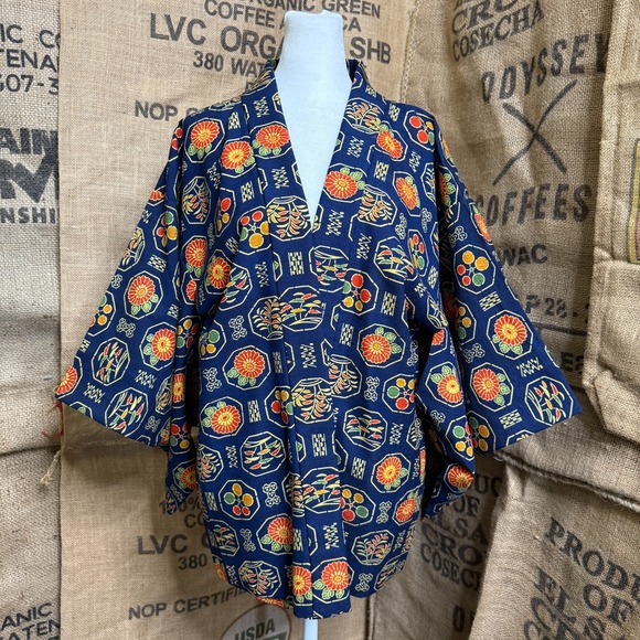 Handmade Other - Vintage Japanese Haori Kimono Jacket Navy Blue Floral Medallion Pink Silk Lining